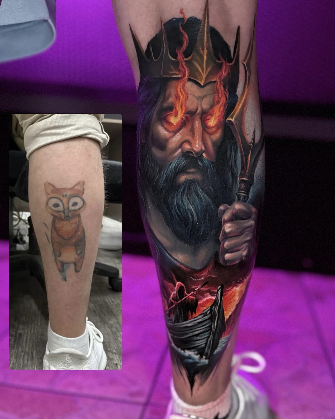Echtes Cover-up von Maxim: altes Motiv links, neues Tattoo rechts